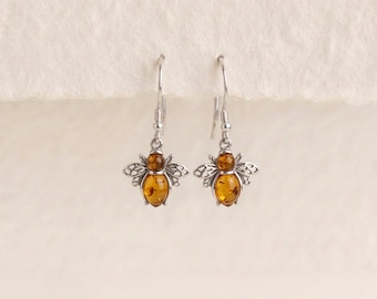 Baltic Amber Bee Drop Earrings in Sterling Silver