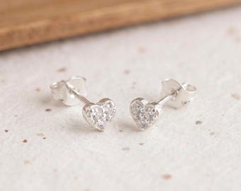 Tiny Heart Stud Earrings In Sterling Silver With Cubic Zirconia