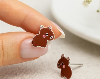 Sterling Silver Capybara Stud Earrings: Enamel Animal Jewellery, 10mm X 8mm