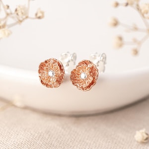 Rose Gold Poppy Stud Earrings: Sterling Silver August Birth Flower