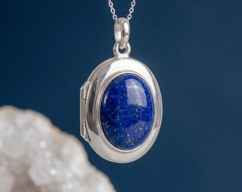 Personalised Lapis Photo Locket Necklace in Sterling Silver