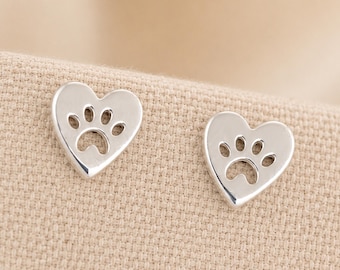 10mm Sterling Silver Paw Print Heart Stud Earrings