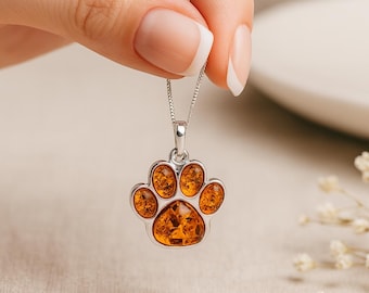 Personalised Sterling Silver Amber Paw Print Pendant Necklace