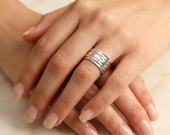 Personalised Wide Triple Hammered Spinner Ring in Sterling Silver