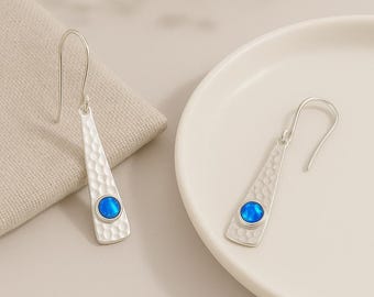 Hammered Silver Opal Earrings • Sterling Silver Drop Earrings • Blue Lab Opal Dangles • October Birthstone Gift • Minimalist Jewellery •