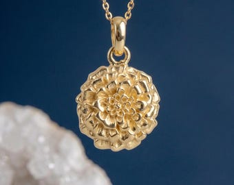 Personalised October Marigold Birth Flower Pendant Necklace In Gold Plated Sterling Silver