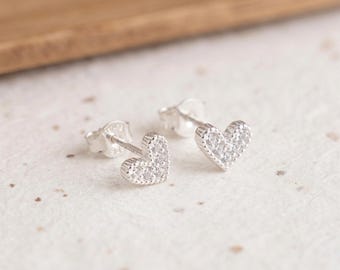 Personalised Tiny Sparkling Beaded Heart Stud Earrings In Sterling Silver