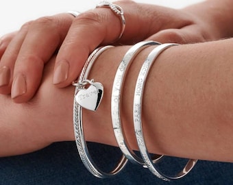 Personalised Heavy Sterling Silver Double Bangle With Heart Charm