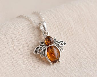 Personalised Baltic Amber Bee Pendant Necklace in Sterling Silver