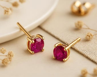 Solid 9ct Gold July Ruby Birthstone Stud Earrings