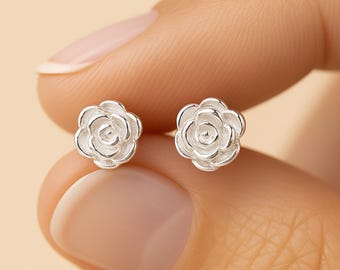 Sterling Silver Rose Flower Stud Earrings