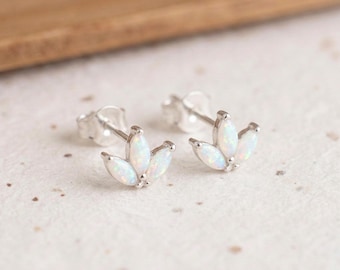 White Opal Lotus Stud Earrings In Sterling Silver