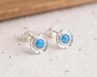 Blue Opal Disc Stud Earrings in Molten Sterling Silver