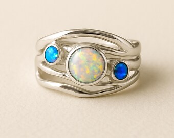 Molten Sterling Silver Blue and White Opal Trio Ring