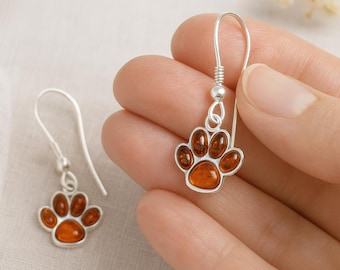 Sterling Silver Baltic Amber Paw Print Drop Earrings: Cat and Dog Lover Gift – 15mm