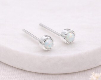 Hammered Sterling Silver Opal Micro Stud Earrings – 4mm