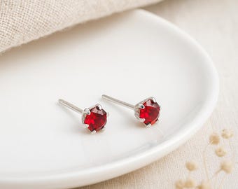 Ruby CZ Stud Earrings • Sterling Silver Red Studs • July Birthstone Gift • Minimal Earrings • Gift for Her •