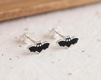 Personalised Black Bat Stud Earrings in Sterling Silver