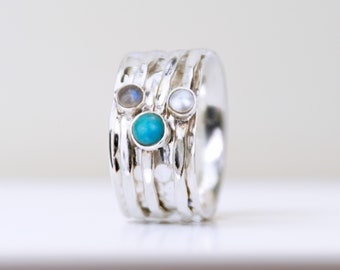 Personalised Turquoise Spinner Ring in Sterling Silver, Spinning Ring, Kinetic Anxiety Jewellery, Silver Spinner Ring, Moonstone, Pearl