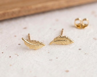 Personalised Feather Stud Earrings in Gold Plated Sterling Silver