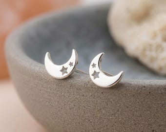 Personalised Moon And Star Cut Out Stud Earrings In Sterling Silver