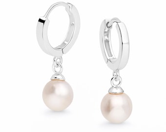 Sterling Silver Freshwater Pearl Huggie Hoop Earrings – 7mm Pearls