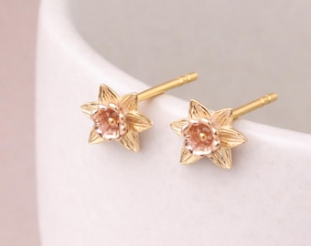 Gold Plated Sterling Silver Daffodil Flower Stud Earrings – 8mm