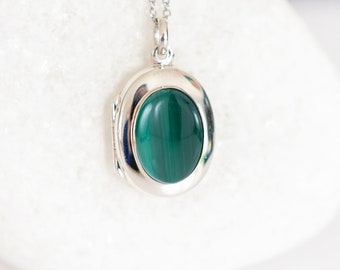 Personalised Genuine Malachite Locket in Sterling Silver, Two Photo Locket, Engraved Locket, Keepsake Memorial Jewellery Necklace