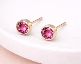 Gold Plated Sterling Silver October Pink Tourmaline Birthstone Stud Earrings – 7mm
