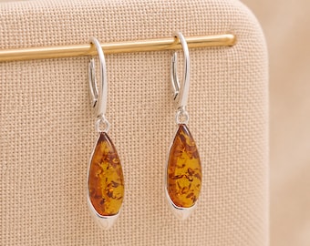 Sterling Silver Baltic Amber Teardrop Earrings – 8mm