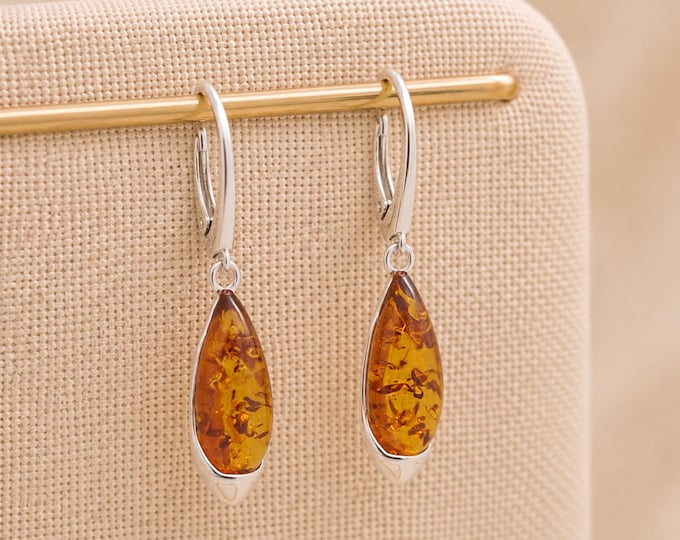 Featured listing image: Sterling Silver Baltic Amber Teardrop Earrings – 8mm