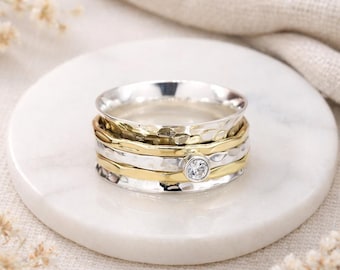 Personalised Sterling Silver And Brass Spinner Ring With Cubic Zirconia – 10mm