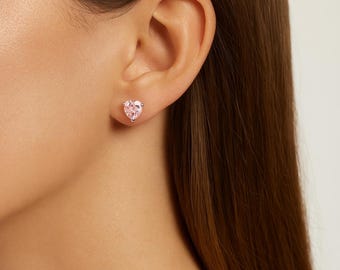 Sterling Silver Pink Cubic Zirconia Heart Stud Earrings – 7mm
