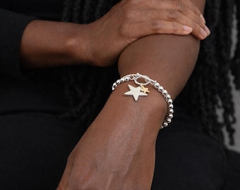 Silver And Gold Plated Double Star Charm T-Bar Bracelet