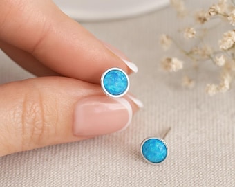 Sterling Silver Blue Opal Stud Earrings: October Birthstone, 6mm