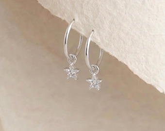 Tiny Star Charm Sleeper Hoop Earrings In Sterling Silver