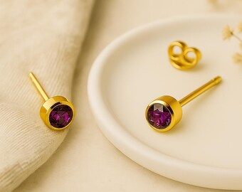 Gold Plated Sterling Silver February Amethyst Birthstone Stud Earrings