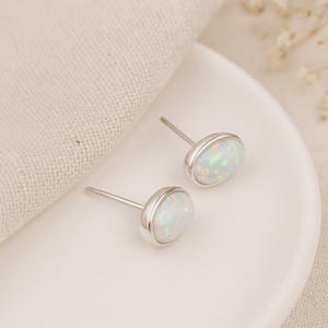White Opal Stud Earrings • Sterling Silver Oval Earrings • October Birthstone Gift • Dainty Opal Jewellery • Gift for Her •