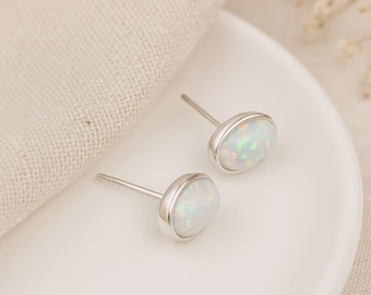 White Opal Stud Earrings • Sterling Silver Oval Earrings • October Birthstone Gift • Dainty Opal Jewellery • Gift for Her •