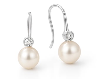 Sterling Silver Freshwater Pearl and Cubic Zirconia Drop Earrings – 6mm