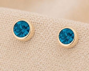 7mm Gold Plated Sterling Silver Blue Topaz Cz Stud Earrings