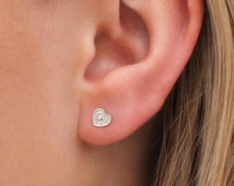Small Sterling Silver Radiating Love Heart Stud Earrings