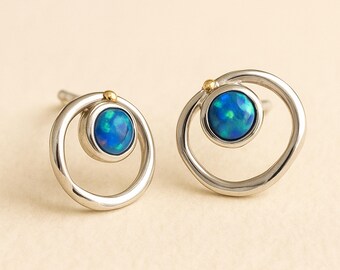 Molten Sterling Silver Blue Opal Halo Stud Earrings