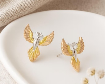 Phoenix Stud Earrings • Sterling Silver & 18ct Gold • Rebirth Jewellery • Firebird Studs • Gift for Her • Symbolic Earrings •