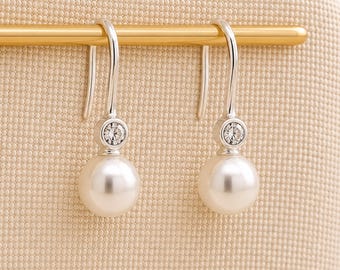 Sterling Silver Sparkling White Freshwater Pearl Hook Drop Earrings