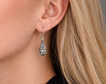 Sterling Silver Teardrop Filigree Balinese Drop Earrings – 9mm