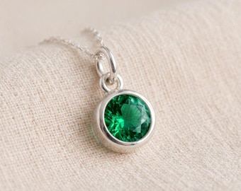 Tiny Personalised May Emerald Birthstone Pendant Necklace In Sterling Silver
