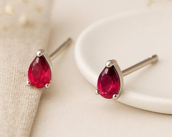 Ruby Teardrop Stud Earrings • Sterling Silver CZ July Birthstone • Mini Red Gemstone Studs • Gift for Her •