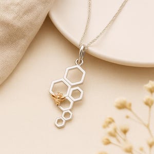 Honeycomb Bee Pendant • Recycled Sterling Silver & 18ct Gold • Personalised Disc Option • Gift for Her • Nature Inspired Jewellery  •