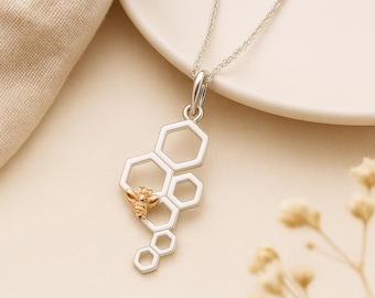 Honeycomb Bee Pendant • Recycled Sterling Silver & 18ct Gold • Personalised Disc Option • Gift for Her • Nature Inspired Jewellery  •